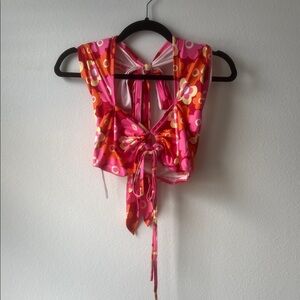 SHEIN Vibrant Pink Floral Tie-Front Crop Top